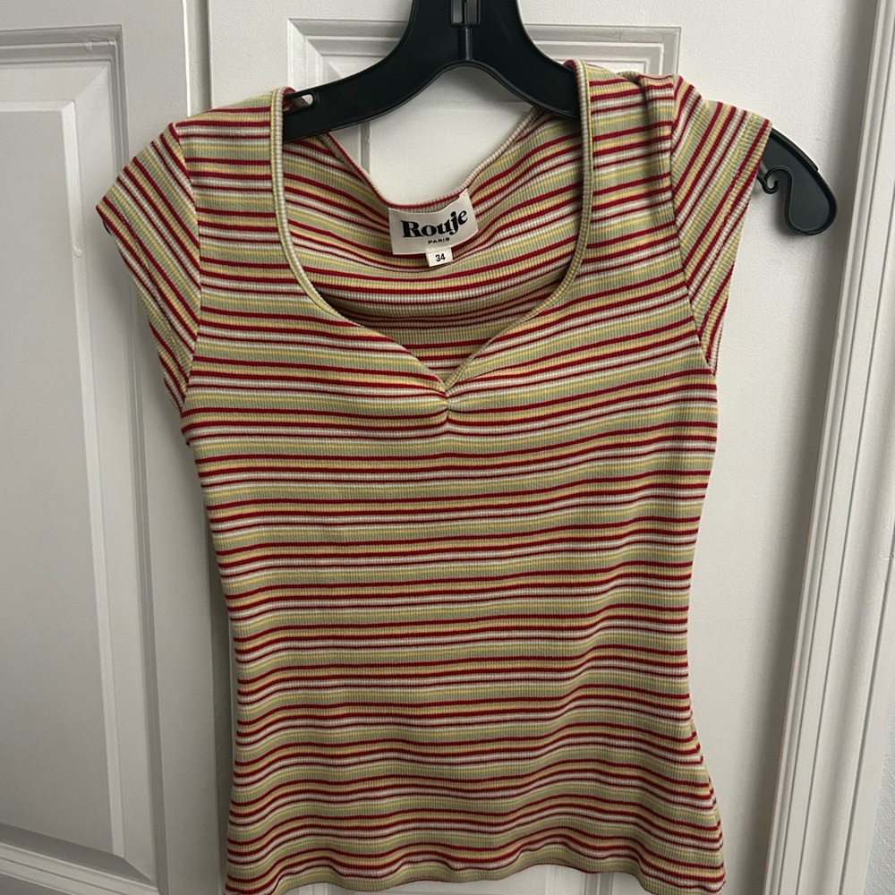 Rouje Striped Cap-Sleeve top in Red and cream with Green Trim